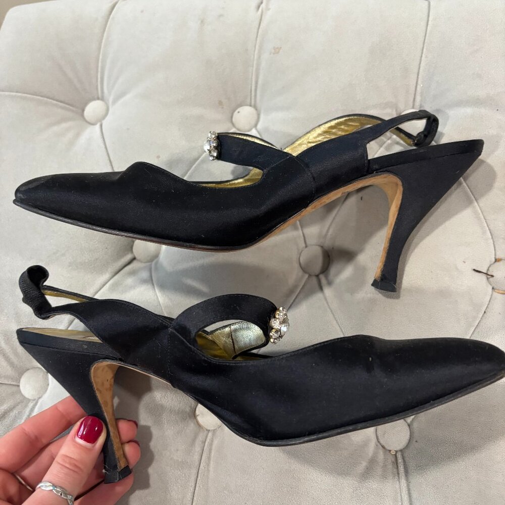 Vintage Italian Black Heel with Front Gems - Manolo Blahnik